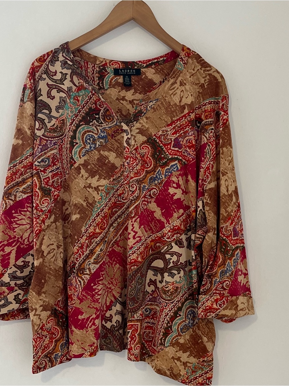 Lauren Ralph Lauren Brown and Red Paisley Print Boho Retro Top